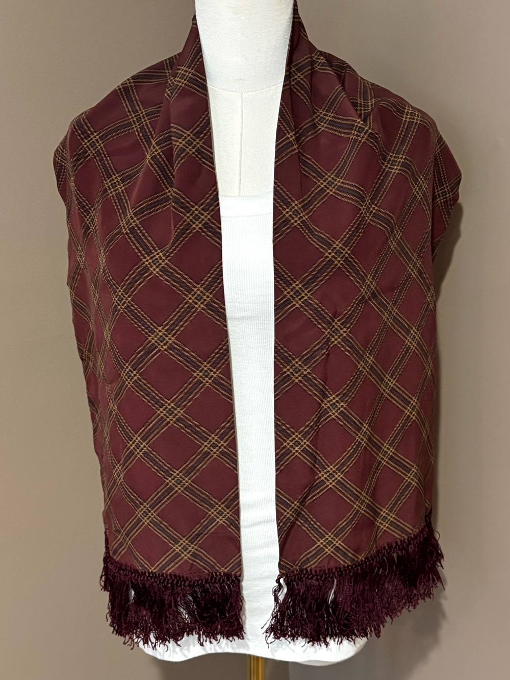 VTG DKNY Donna Karan New York 100% Silk Plaid Scarf Maroon Burgundy Fringe